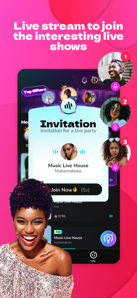 A mobile screen showing an invitation to join a music live house on the Boomlive social audio app.