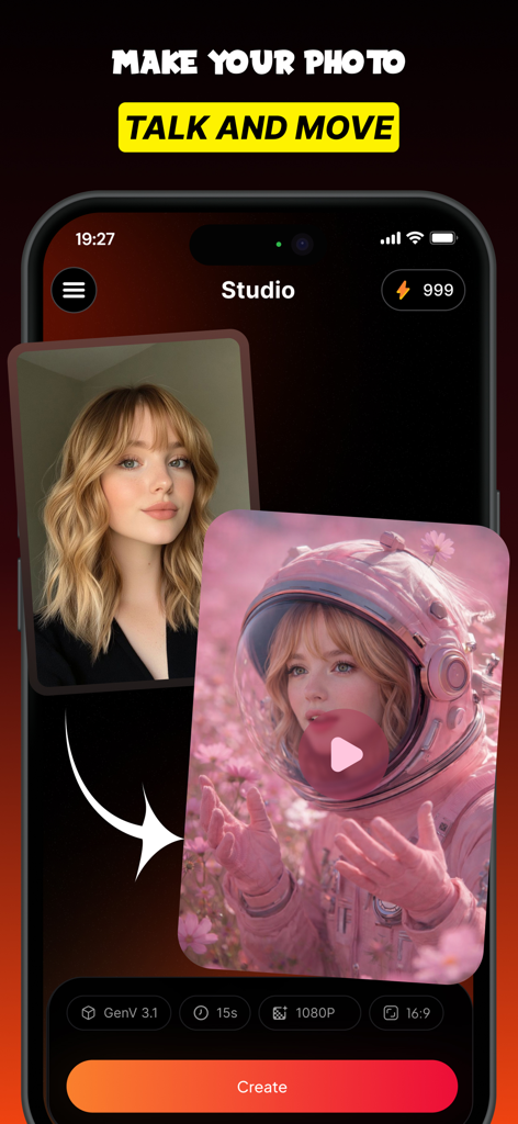 GenV - AI Video Generator - Interface of the GenV app showing a photo of a woman being transformed into an AI generated video of her in a pink astronaut suit.