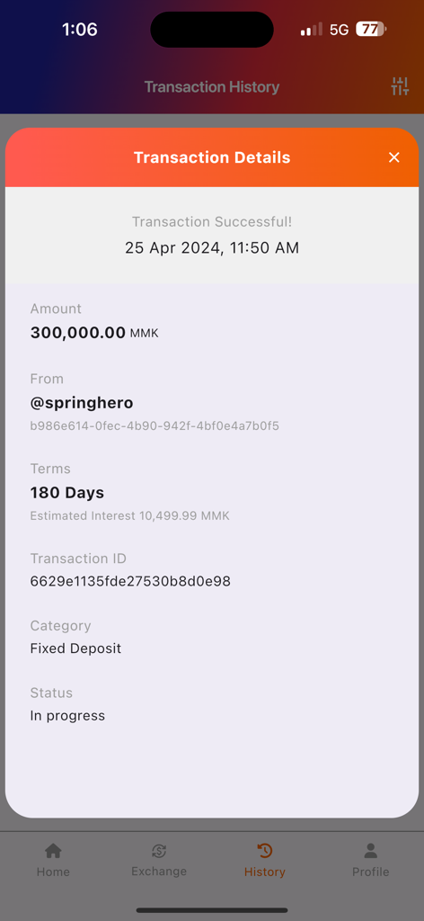 Screenshot der Spring Development Bank App, der Details zu einer erfolgreichen Festgeldtransaktion zeigt
