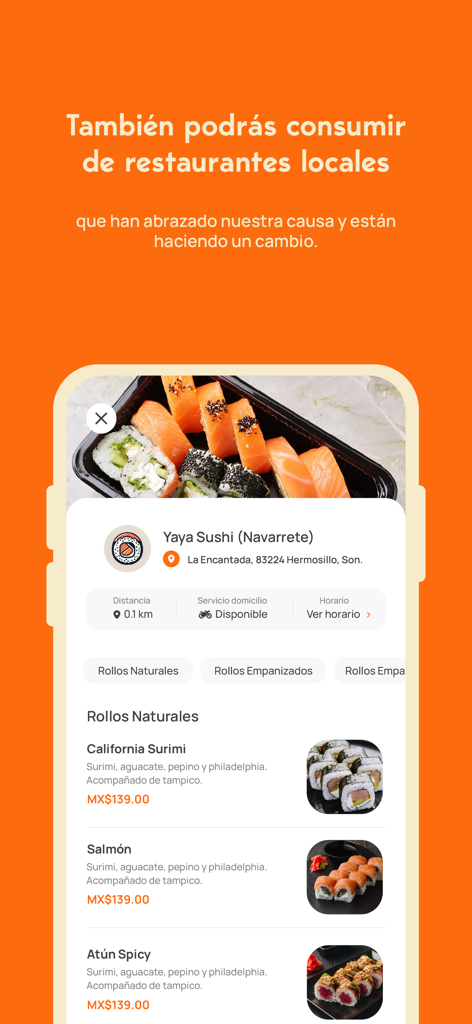 A mobile interface of the TacoShare app displaying a menu of sushi rolls from a local restaurant