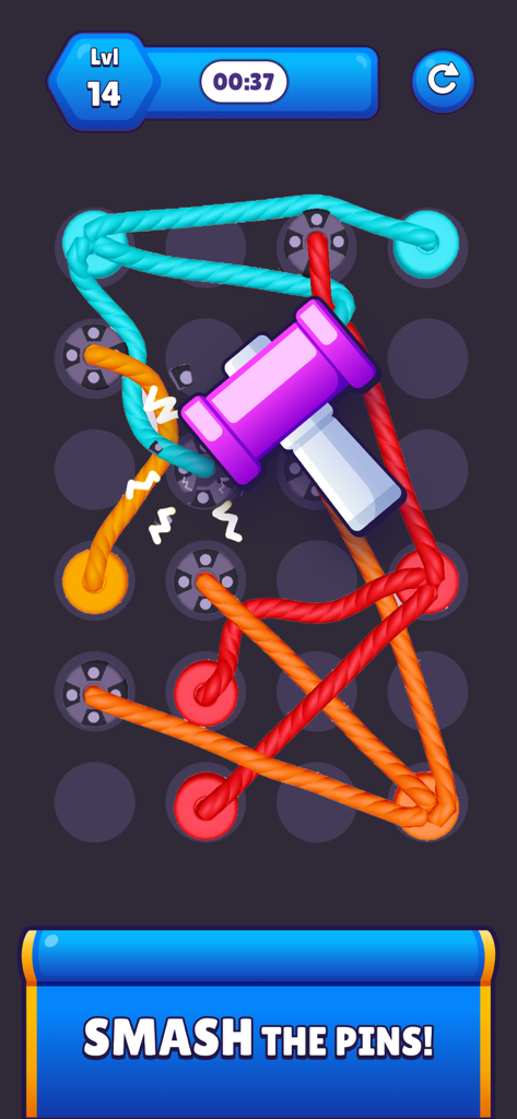 Tangle Masters | گره باز - Tangle Masters gameplay showing a purple booster hammer smashing a pin to untangle colorful 3D ropes