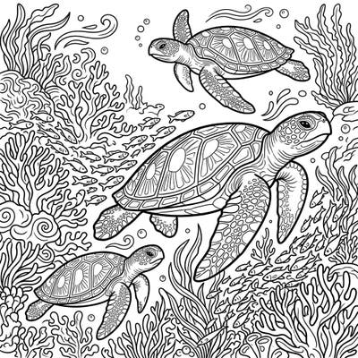 Discover an enchanting underwater world with this intricate coloring page featuring endangered sea turtles. Bring these majestic creatures and their vibrant coral reef habitat to life with your colors.