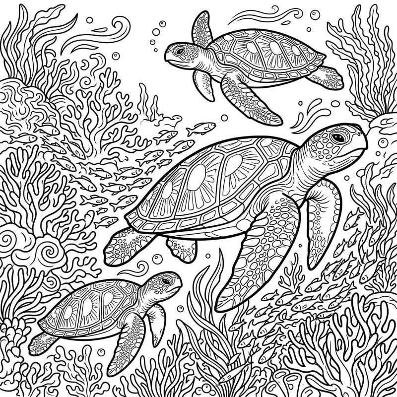 Discover an enchanting underwater world with this intricate coloring page featuring endangered sea turtles. Bring these majestic creatures and their vibrant coral reef habitat to life with your colors.