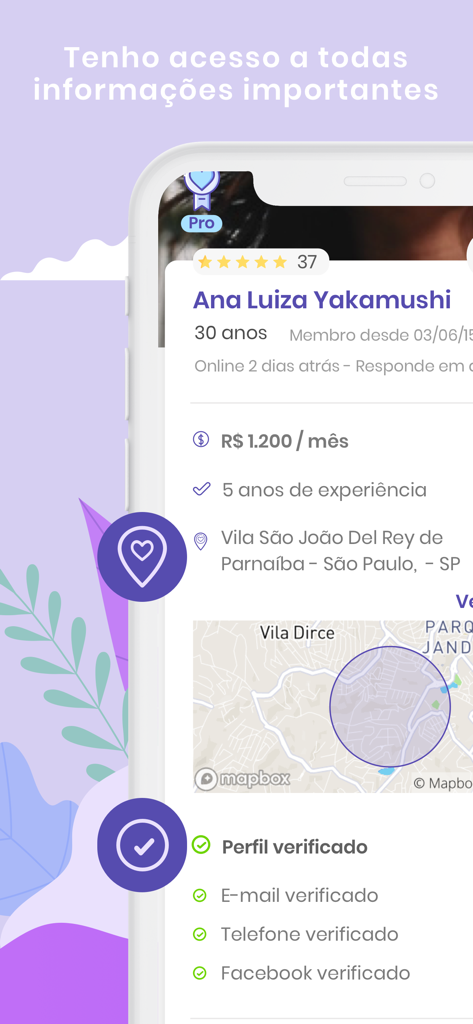 Profil détaillé d'un professionnel domestique dans l'application Famyle montrant le statut vérifié, les notes et la carte de localisation des services.