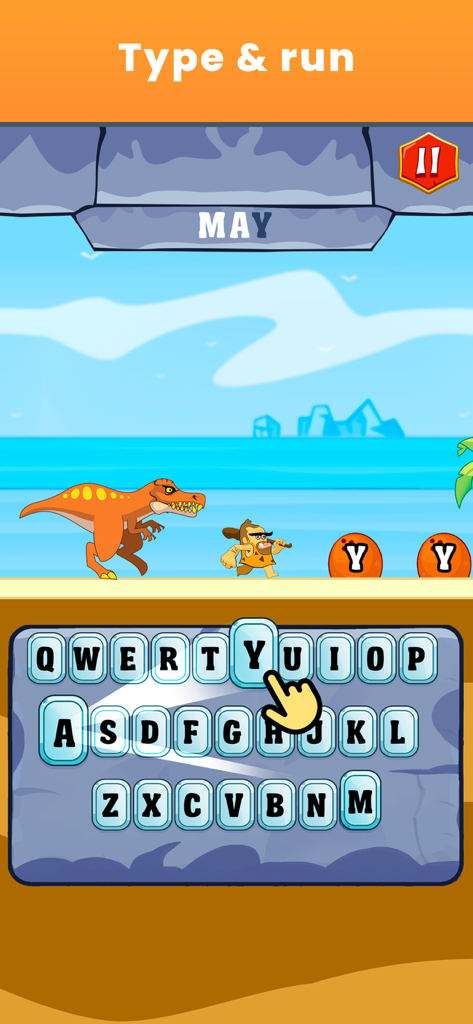 Typing Practice - Dino Hunting - Educational typing game featuring a caveman running from a dinosaur while typing words on a digital keyboard.