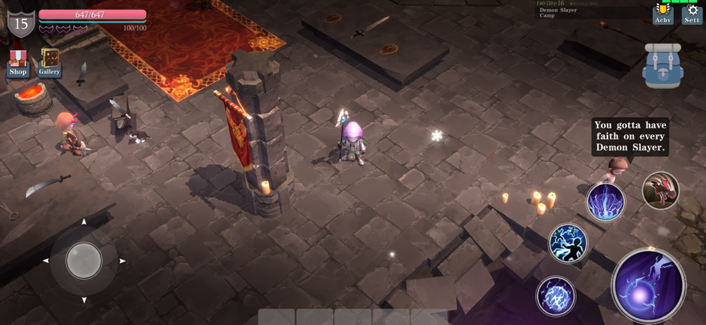 ABYSS BLADE - Gameplay of ABYSS BLADE showing a character in the Demon Slayer Camp with skill buttons and UI elements.