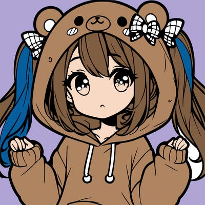cute anime girl with ponytails and a cute bear hoodie