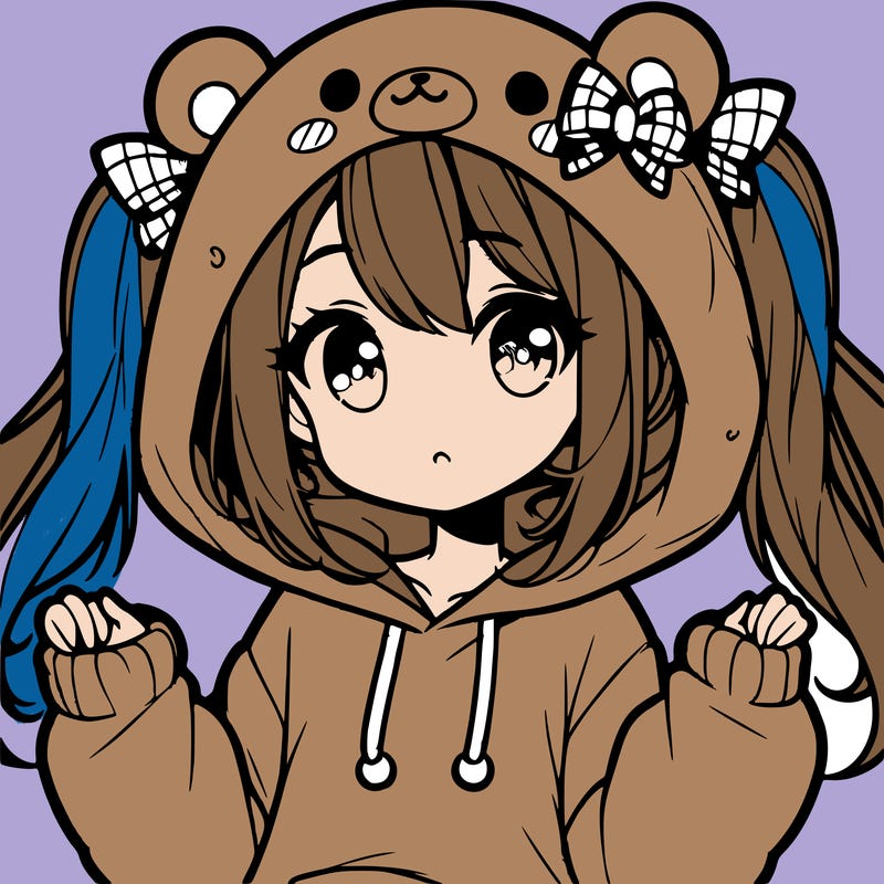 cute anime girl with ponytails and a cute bear hoodie
