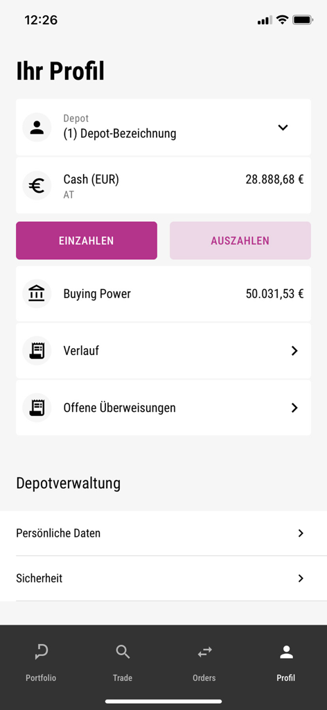 User profile interface of DADAT Trading app displaying account balance and financial options