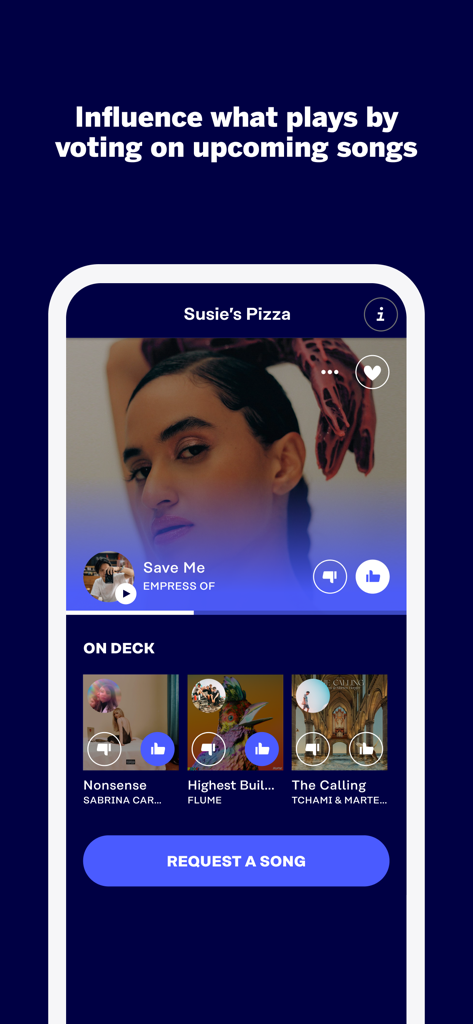 Rockbot - Request Music - Interfaz de la app Rockbot mostrando a los usuarios votando canciones próximas en un local