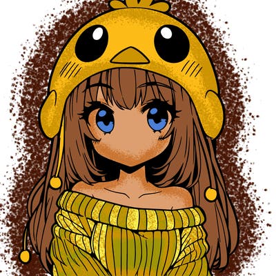 anime girl with chick shaped hat with sweater with bare shoulders with bangs covering them one eye with low tail