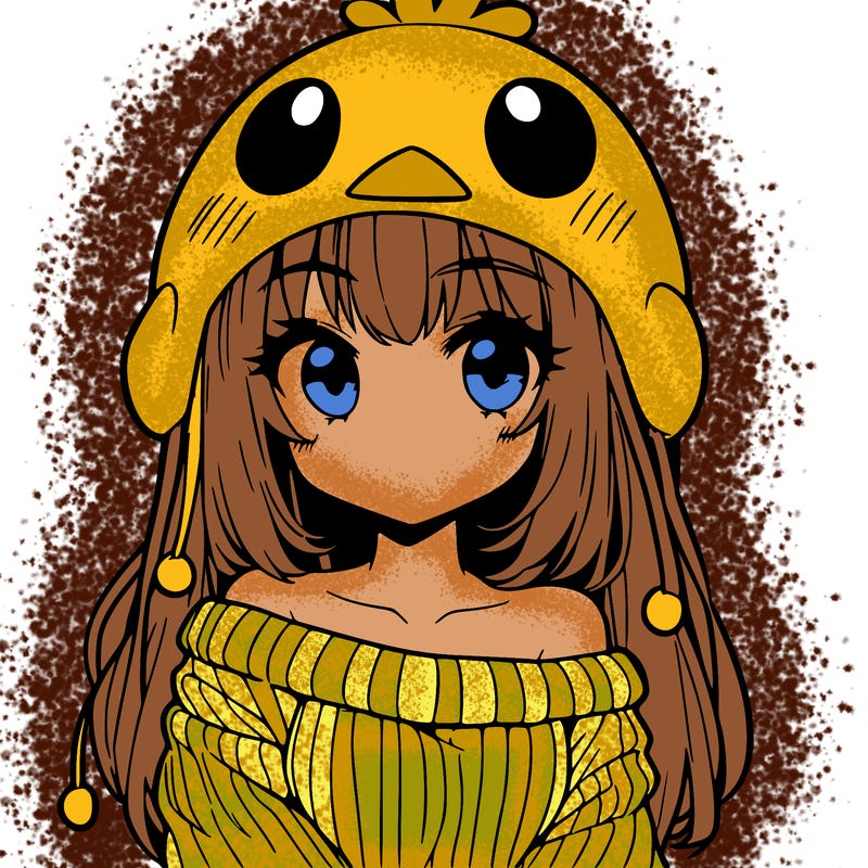 anime girl with chick shaped hat with sweater with bare shoulders with bangs covering them one eye with low tail