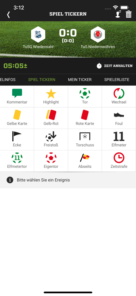 DFBnet Mobile App Bildschirm zur Aufzeichnung von Live-Fußballspielereignissen, einschließlich Toren und Karten.