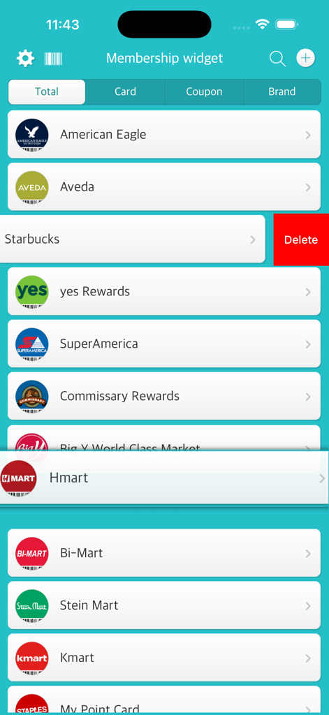 Membership widget Pro - Screenshot of Membership widget Pro app displaying a list of digital loyalty cards from various brands