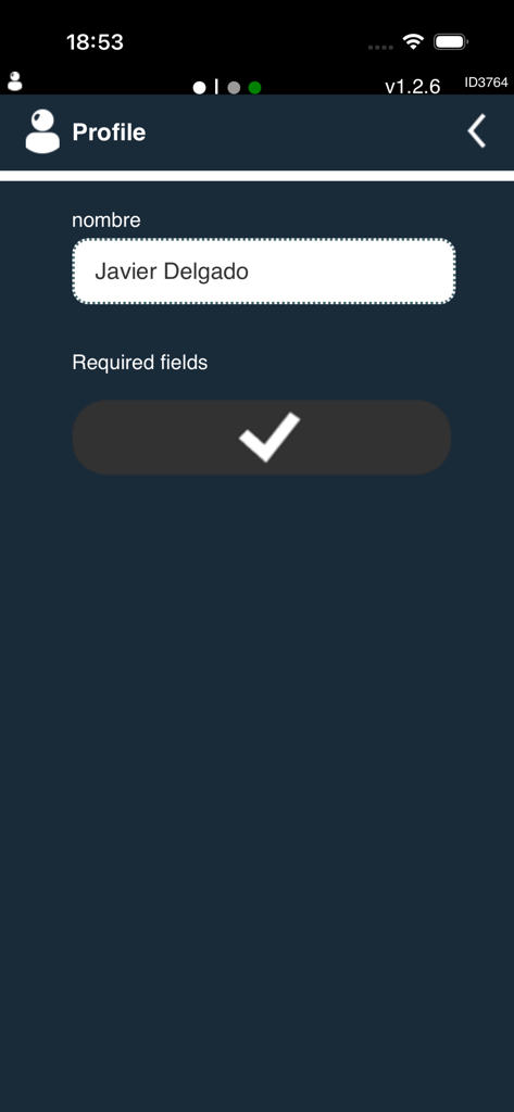 Up2you - User profile screen of the Up2You event app showing a name input field and a confirmation button.