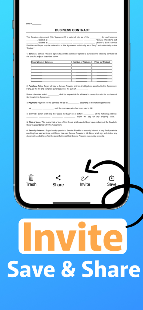 モバイルフォンにビジネス契約書が表示され、他者への署名招待、保存、共有のオプションがあります。