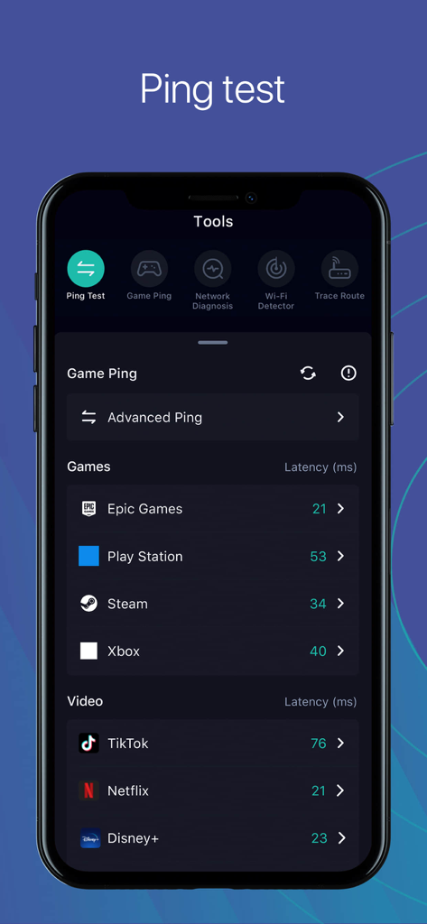 Interface of the Speed Test Master app showing ping latency for gaming and video streaming services