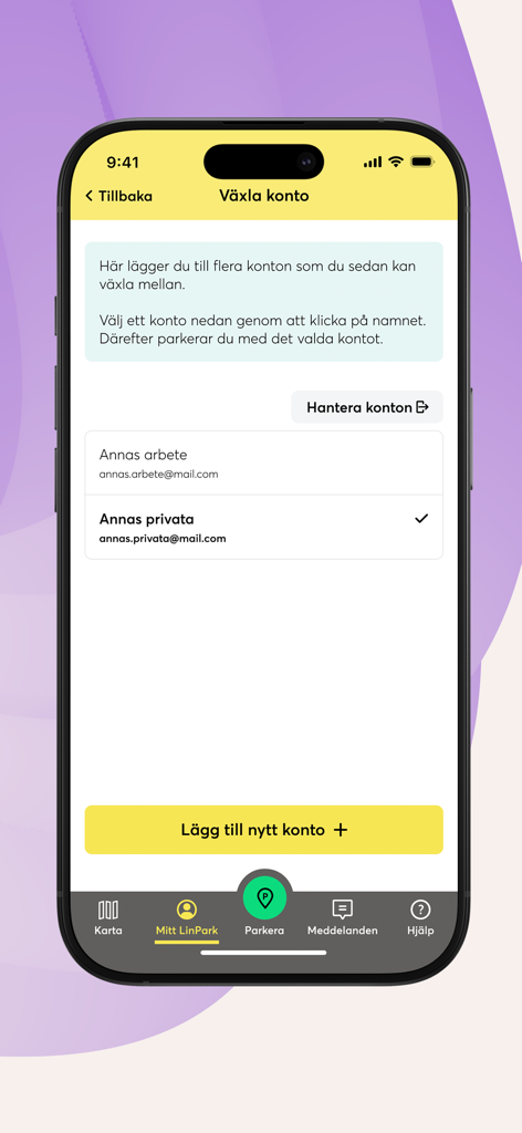 LinPark app interface showing a user switching between their private and work parking accounts.