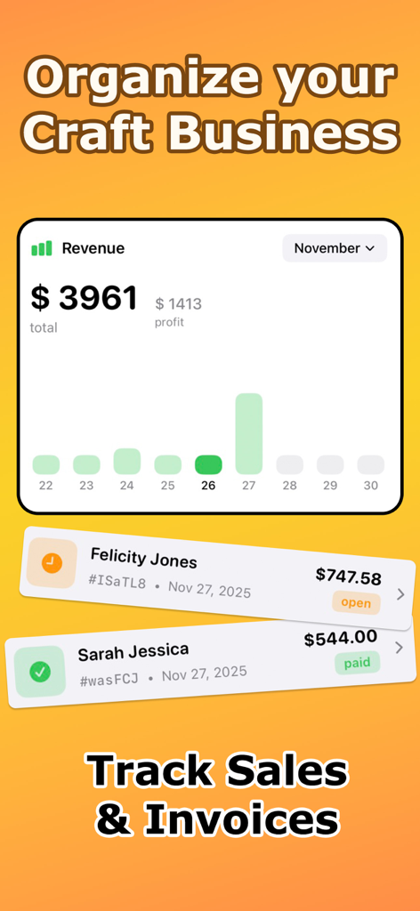 Craft Price Calculator - Panel de negocio artesanal que muestra los ingresos mensuales, los beneficios y el estado de las facturas