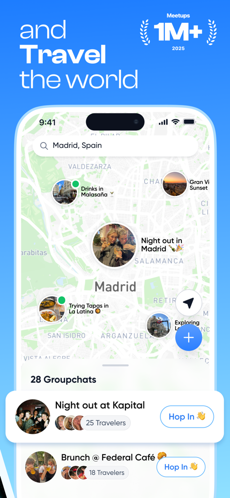 TripBFF - Solo Travel Friends - TripBFF App-Oberfläche, die eine Karte von Madrid mit Markierungen für lokale Treffen und Reise-Gruppenchats zeigt