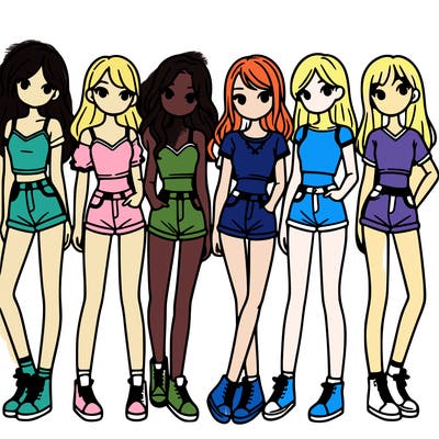 a group of girls wearing crop tops and shorts