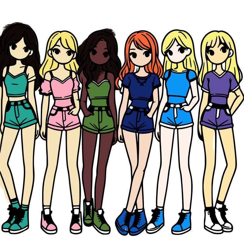 a group of girls wearing crop tops and shorts