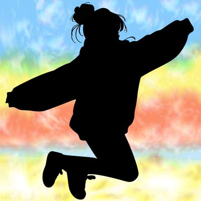 realistic girl jumping with a bun and oversized sweatshirt