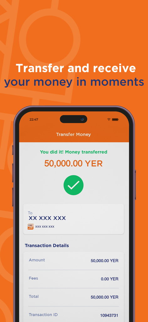ONE Cash: Digital Wallet - Uma tela de smartphone do aplicativo ONE Cash exibindo a confirmação de uma transferência de dinheiro bem-sucedida de 50.000 Riais Iemenitas