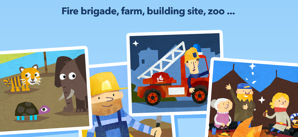 Fiete Puzzle - KidsKlub - Four illustrated puzzle scenes from Fiete Puzzle featuring a zoo, construction worker, fire truck, and campfire.