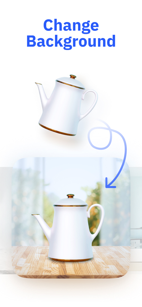 AI Background Remover & Eraser - Demonstration einer KI-App, die den Hintergrund eines Produktfotos von reinweiß in eine realistische Küchenumgebung ändert.