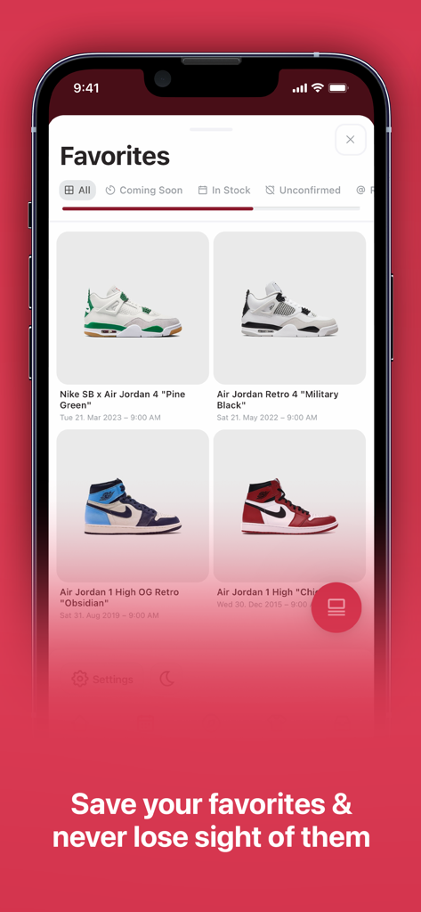 HEAT MVMNT - The Sneaker App - お気に入りのAir Jordanスニーカーの保存リストを表示するHeat Mvmntアプリのインターフェイス。