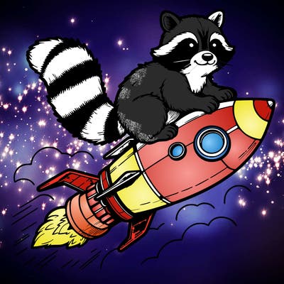 realistic raccoon flying on top rocket ship