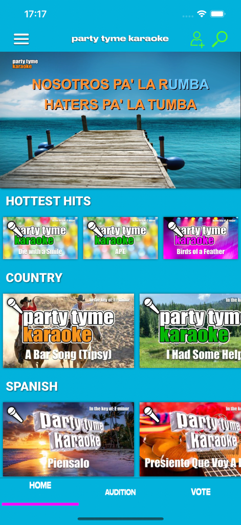 Party Tyme Karaoke - Party Tyme Karaoke app interface displaying song categories including Hottest Hits, Country, and Spanish.