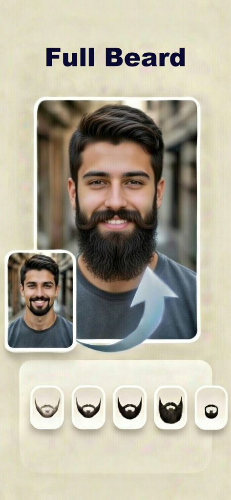 A realistic full beard style preview on a man using the AnyBeard AI filter app