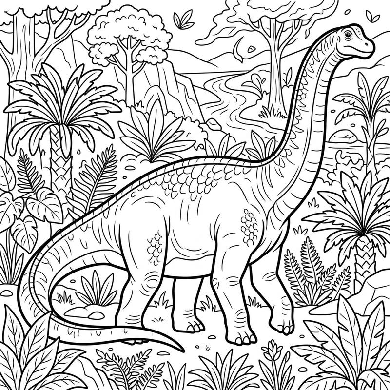 Embark on a prehistoric journey with this captivating Dreadnoughtus dinosaur coloring page. Designed with seniors in mind, its clear lines and engaging details offer a relaxing and stimulating creative activity.