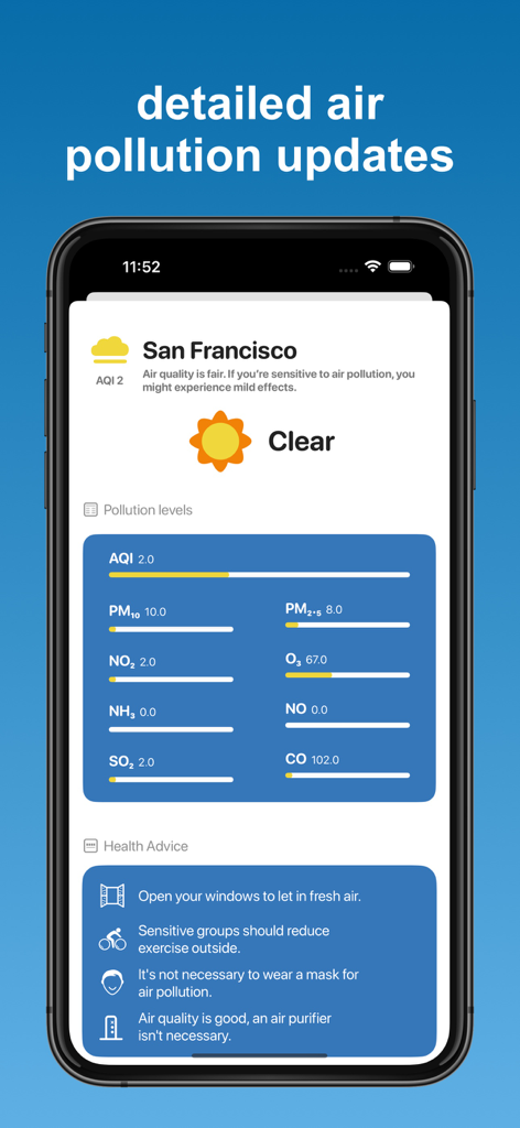 Atualizações detalhadas de poluição do ar e conselhos de saúde na interface do aplicativo Haze