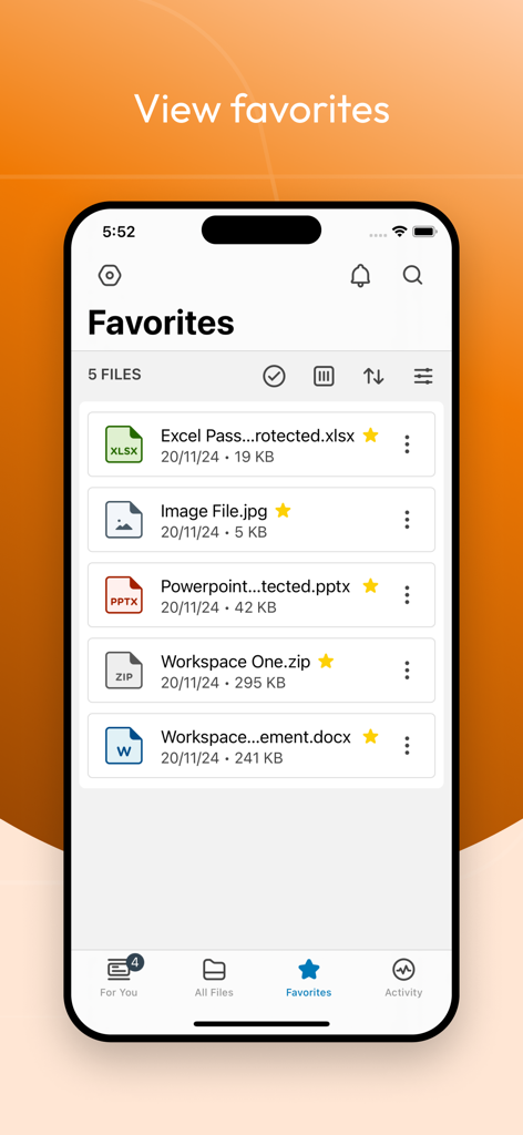 Interfaz de la aplicación Workspace ONE Content que muestra una lista de archivos empresariales favoritos, como documentos y hojas de cálculo.