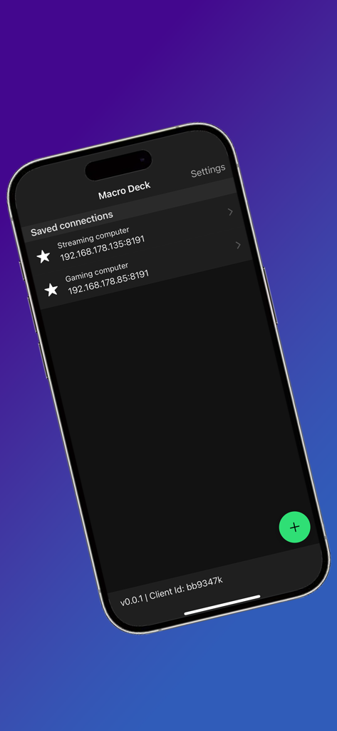 Macro Deck Client - Macro Deck Client app interface showing saved IP connections for streaming and gaming computers