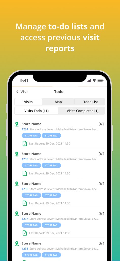 Vispera Shark app interface showing a list of retail store visits and a to-do list for merchandisers