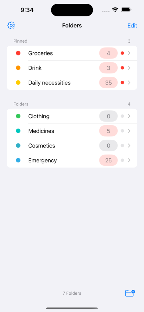 Stock List - Inventory Control - Una captura de pantalla de la aplicación Stock List que muestra varias categorías de inventario como comestibles y medicamentos con sus respectivos recuentos de artículos.