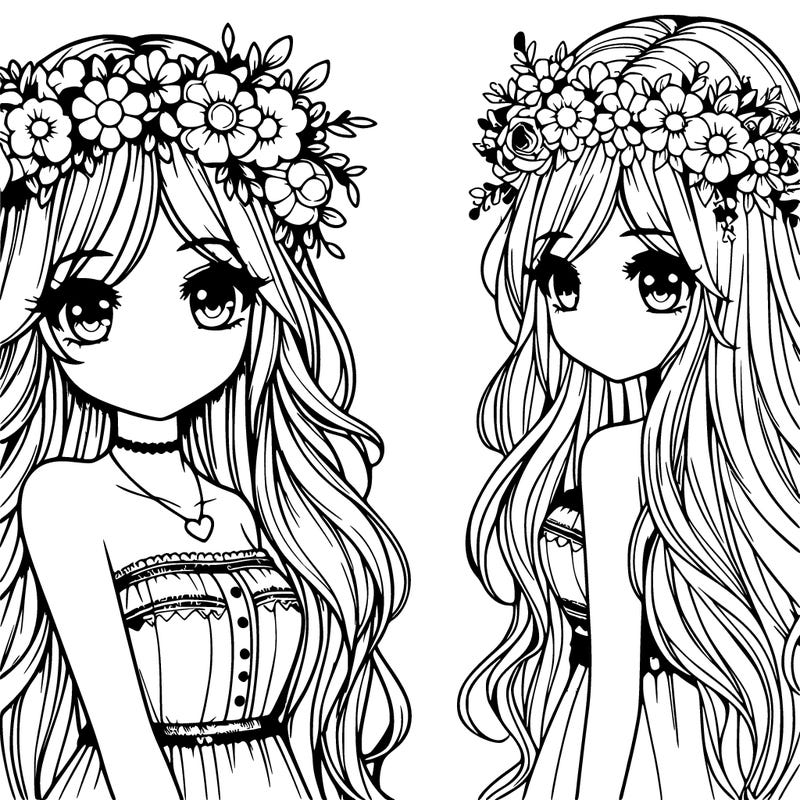 realistic girl with a flower crown and long hair in a cute outfit