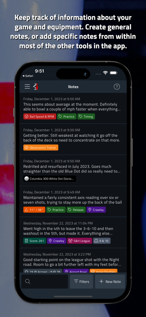 Tenpin Toolkit: Bowling Tools - Mobile app interface displaying categorized bowling practice notes and equipment logs