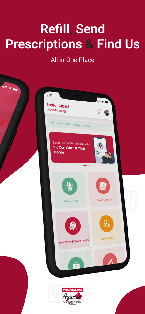 Pharmasave Agassiz - Pharmasave Agassiz app home screen showing prescription refill and pharmacy location features