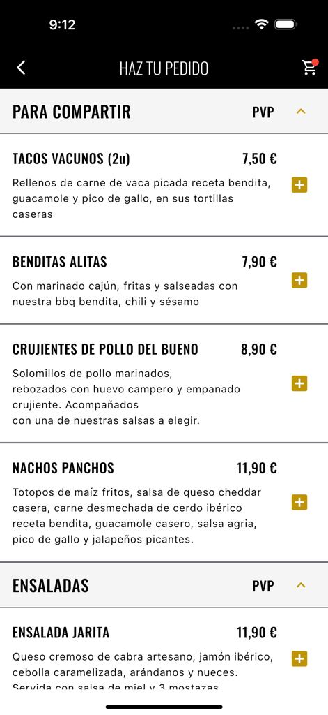 Bendita Burger - Pantalla del menú de la app móvil Bendita Burger mostrando un menú gourmet con platos para compartir como tacos y alitas de pollo.