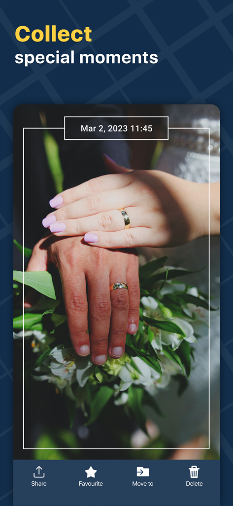 Timestamp Photo Proof Camera - Timestamped photo of wedding rings and bouquet in the camera app interface