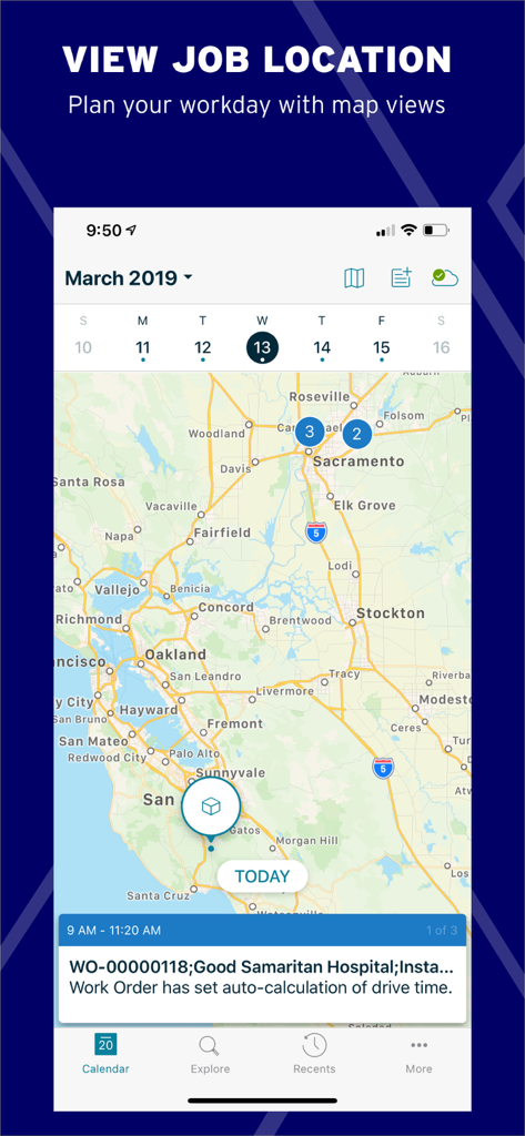 ServiceMax Go mobile interface showing job locations on a map with work order details for field service management.