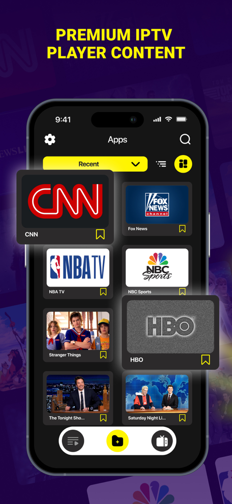 IPTV Smarters Player PRO mobile app interface featuring a grid of premium TV channels and shows