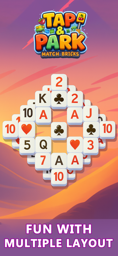 Tap and Park Tile Match Puzzle interface showing playing card themed tiles in a diamond grid layout