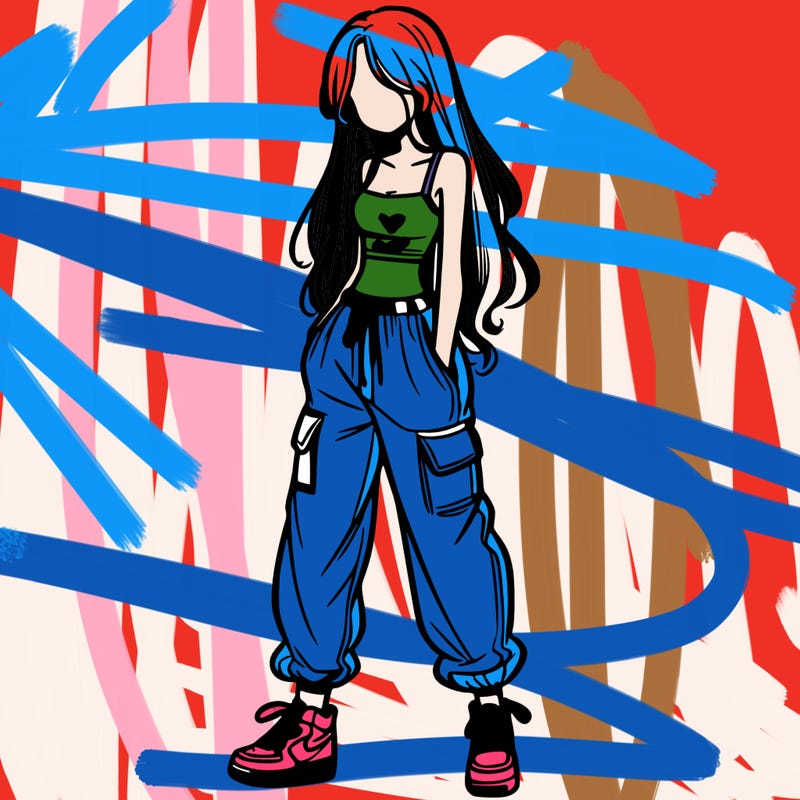 girl in baggy pants crop top and long hair