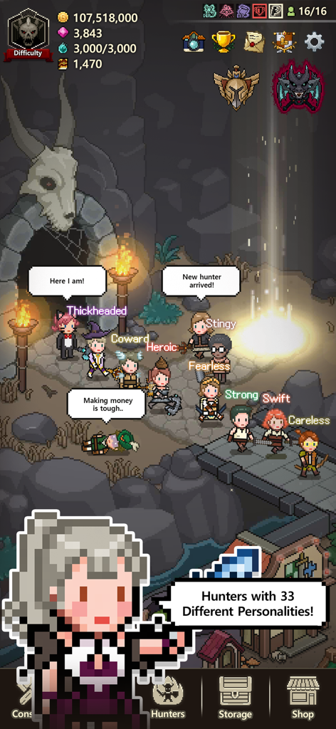 Evil Hunter Tycoon - Gameplay screenshot of Evil Hunter Tycoon showing pixel art characters with unique personalities like Heroic and Fearless arriving at the town gate